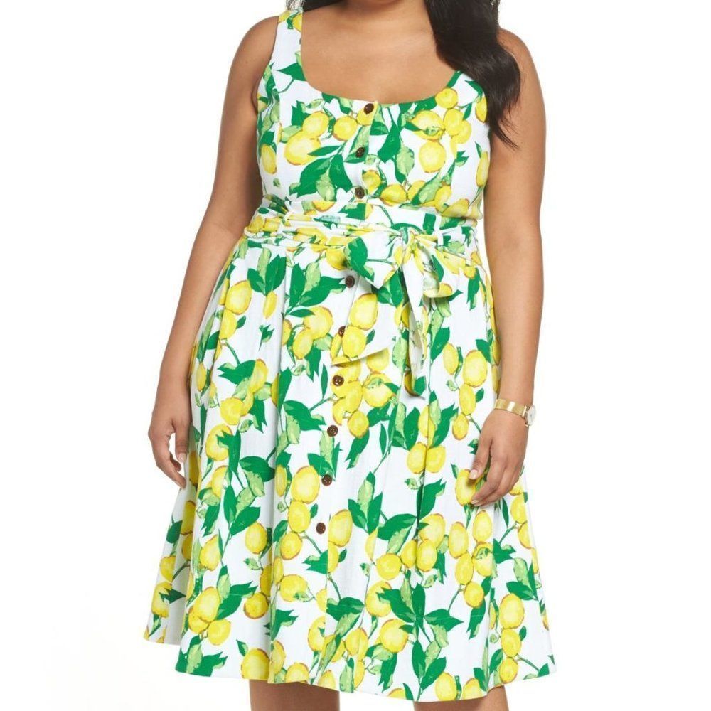 Sz 24 Nordstrom 1901 Button Front Lemon Print Dress